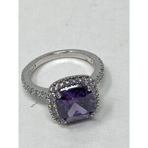 Womens Size 6 Silver 925 Ring Square Purple Gemstone With Rhinestone Trim
